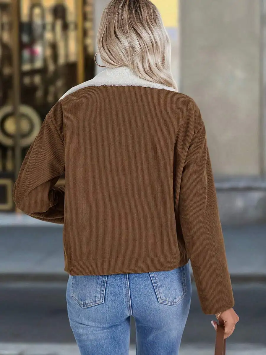 Damska kurtka sztruksowa z grubym aksamitnym podszyciem, zapinana na guziki, casualowy płaszcz na jesień i zimę.