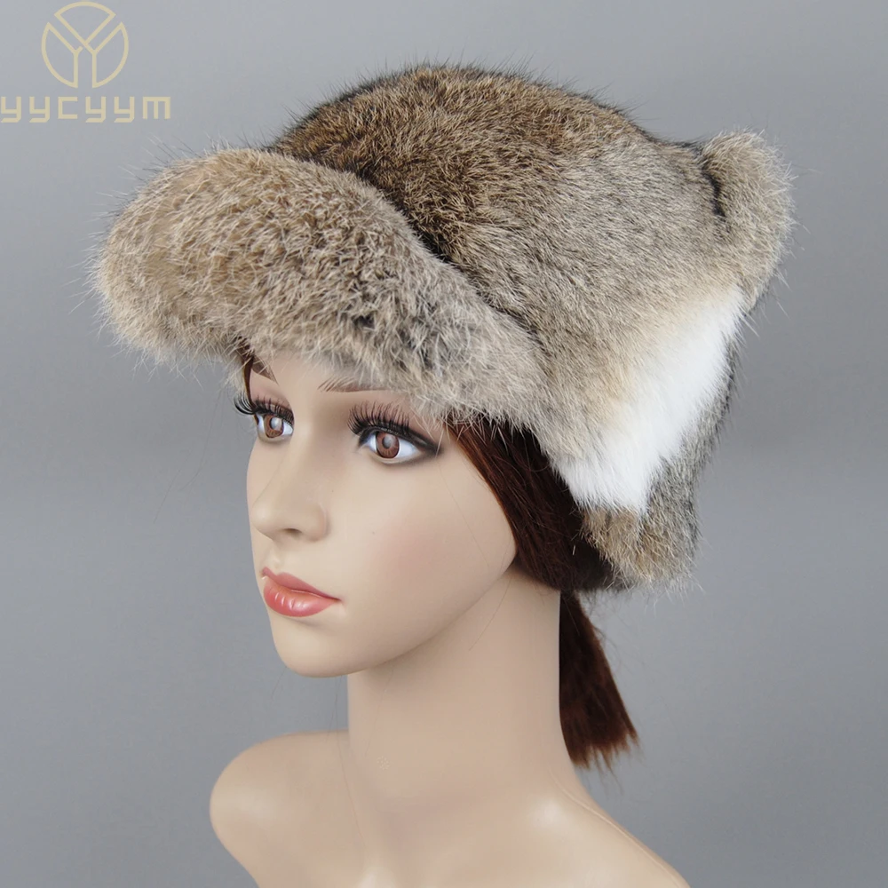 

2024 New Fashion Russian Women Real Natural Rabbit Fur Bomber Hats Winter Lady Warm Fluffy Rabbit Fur Hat Good Quality Fur Caps