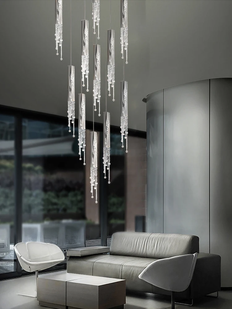 Crystal Chain Decor Cylinder Chandeliers LED High-end Hanging Lamp Living Room Chrome Golden Lighting Fixture Modern Home Lustre