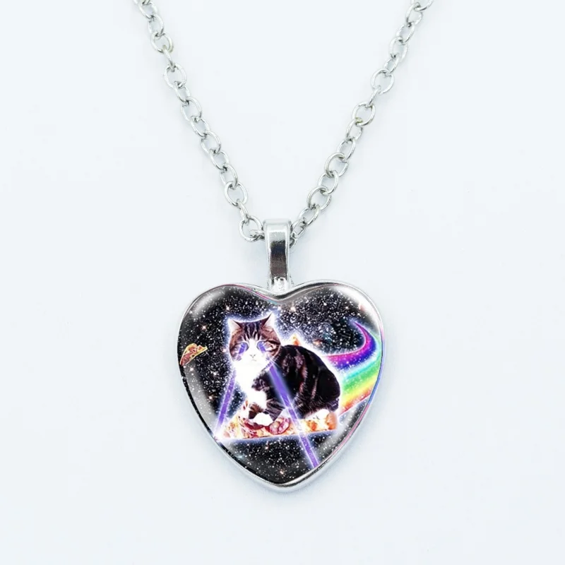 Kreative lustige Katzen-Memes-Herz-Anhänger-Halskette, Tierform, Kunstfoto, Glas-Cabochon-Schmuck, für Kinder und Frauen – Detail 8
