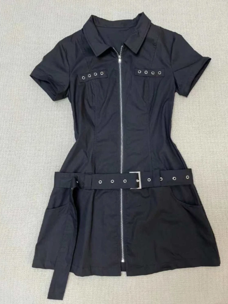 Robe noire à col à revers pour femmes, chemises taille fine, manches courtes, fermeture éclair, été, nouveau, Y2K, E-Girl, éducatif, 2024