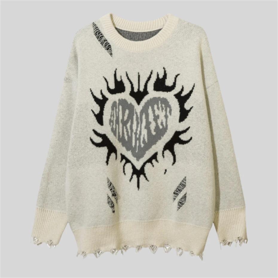 Retro Torn Sweater Halloween Fire Heart Grunge Hole Knit Jumpers Streetwear Hip Hop Harajuku Men Punk Gothic Long Sleeve Sweater