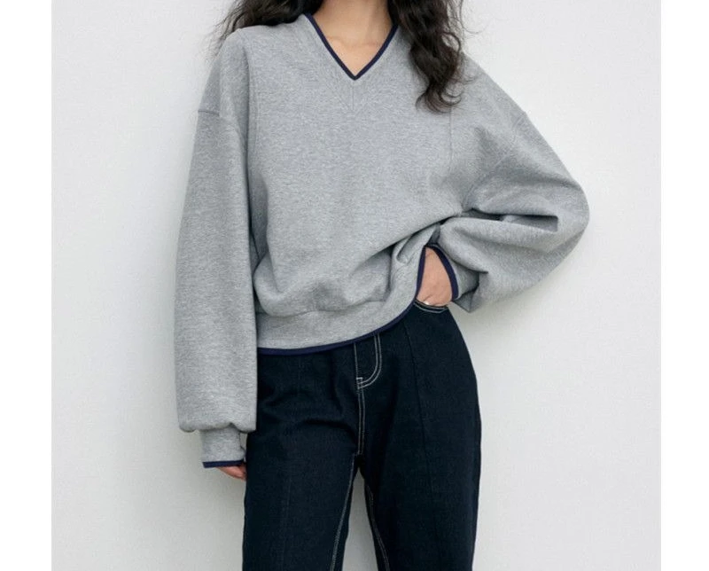 Retro Contrasting Color Temperament Lazy Style V-neck Hoodie Autumn and Winter with Thick Velvet Women's Top