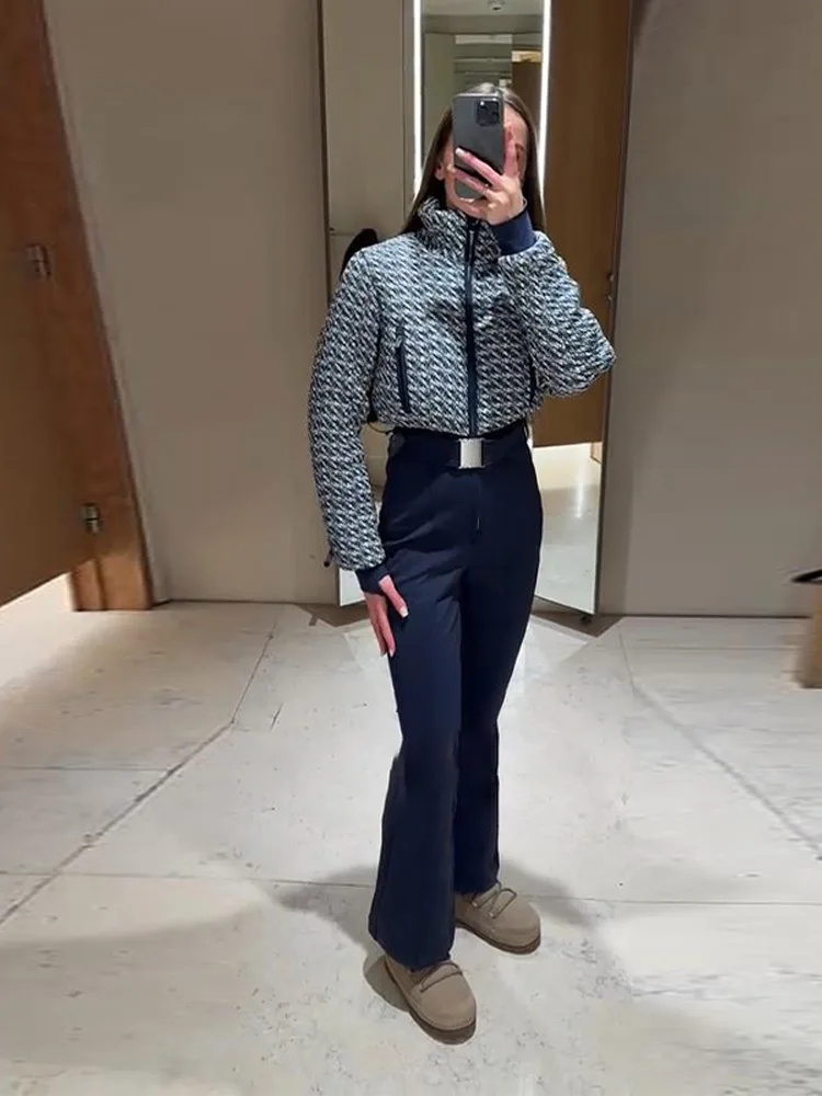 أنيقة طباعة رشاقته بذلة التزلج المرأة شيك كم كامل الوقوف طوق سستة حزام طويل رومبير موضة الدافئة عالية الخصر السروال القصير #4