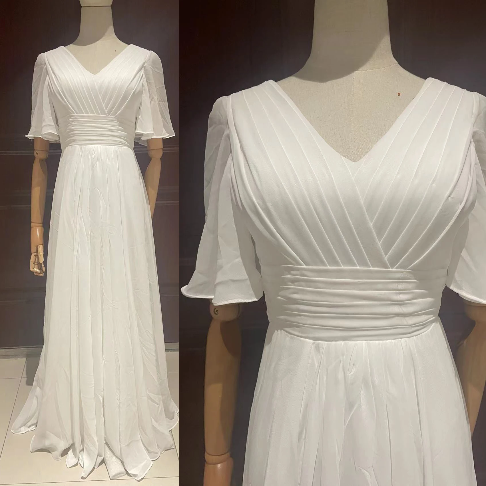 Hochzeitskleid mit V-Ausschnitt, bodenlang, Brautkleider, Falten, A-Linie, Kleider für Damen, Chiffon-Brautkleid, individuell gestaltet