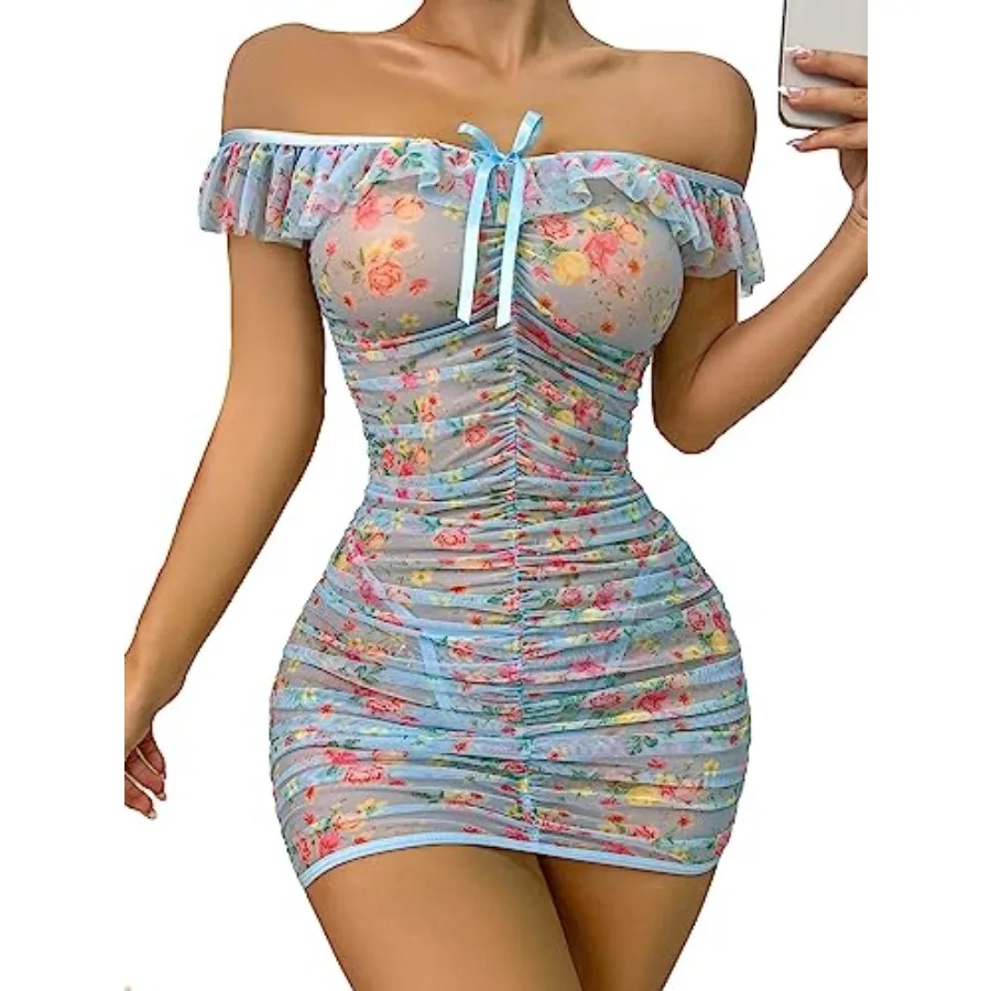 

Women's Floral Print Ruched Mesh Babydoll Lingerie Sleepwear Chemise with Thong