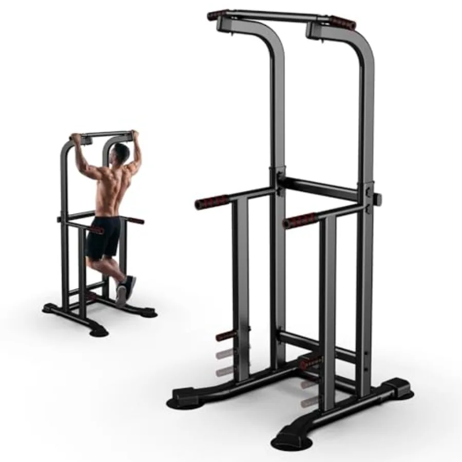 Home gym pull-up bar dip station power tower: steel construction, black finish, 450 lbs capacity, space-saving freestanding des