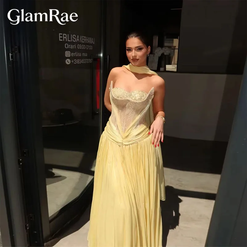 GlamRae Customized Prom Dres Sweetheart with Sheer Yellow Lace Corset Long Scarf A-Line Strapless Women's Formal Evening Gowns