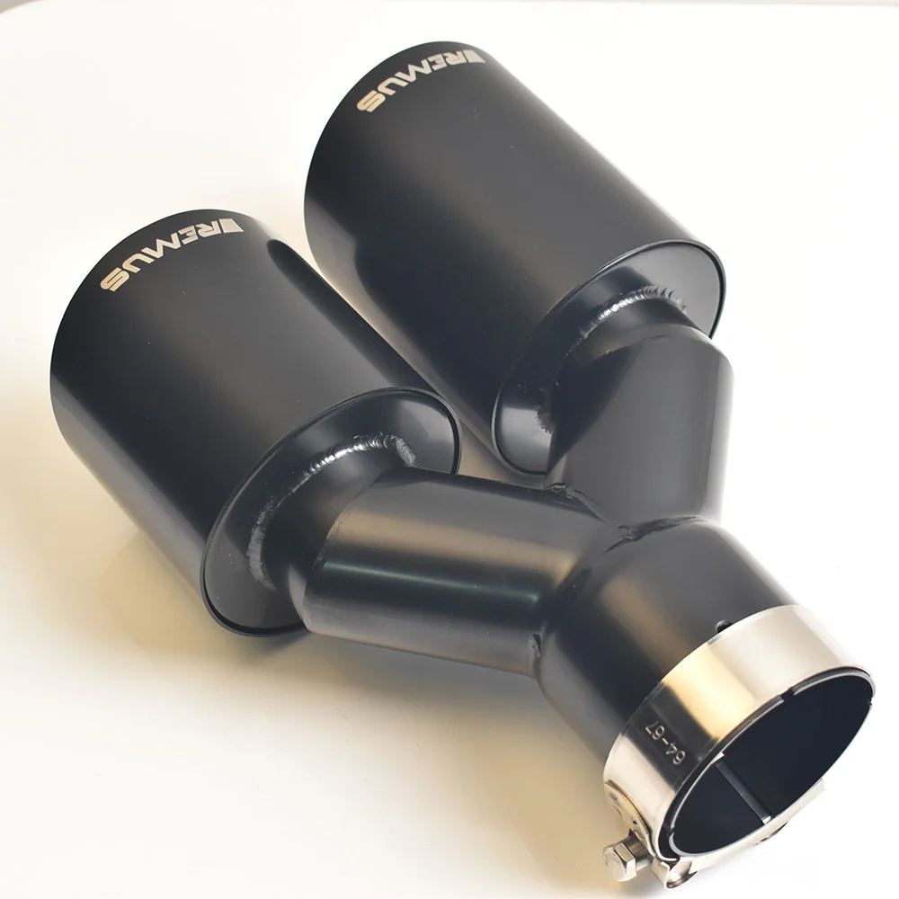 VREMUS Dual Car Exhaust Pipe Modification Glossy Black Stainless Steel Double Muffler Tip Slash Cut - Image 3