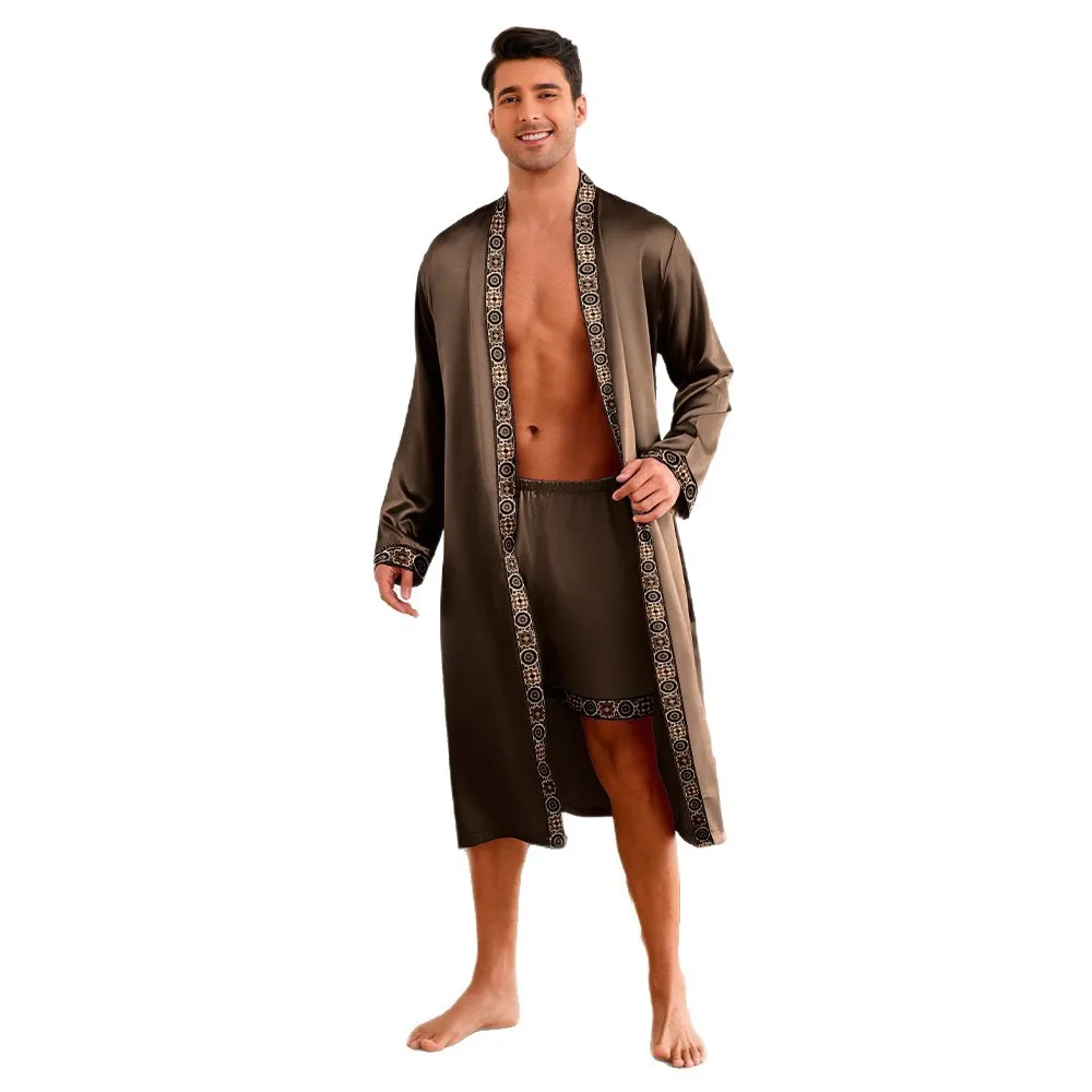 

Men's Luxury Ice Silk Pajamas Sets, Men's Satin Solid Long Robes and Shorts Home Wear Clothes Suits