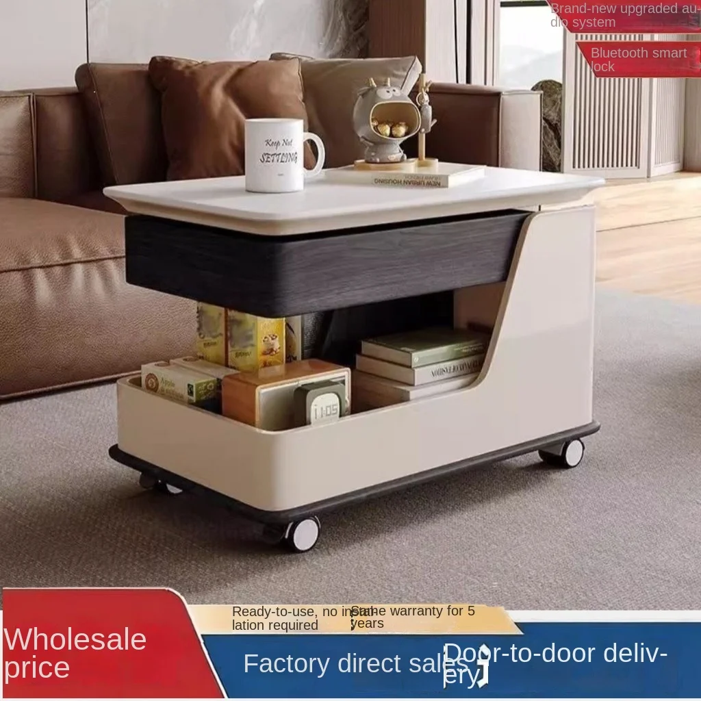 Mobile Side Coffee Table Rolling Cart Storage Unit Solid Wood Construction Height-Adjustable Lift-Up Sofa End Cabinet Modern