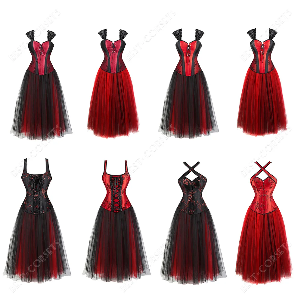 Red Corset With Dress Sexy Corset Dresses for Women Plus Size Gothic Corset Skirt Party Evening Mesh Maxi Dress with Corset