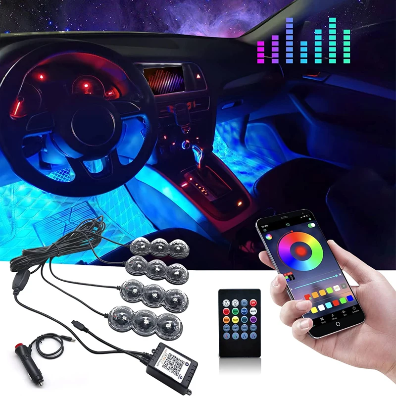 

4 in 1 RGB 64 Color Car LED Foot Ambient Lights Auto Interior Sound With Cigarette APP/Remote Control Atmosphere Decorative Lamp