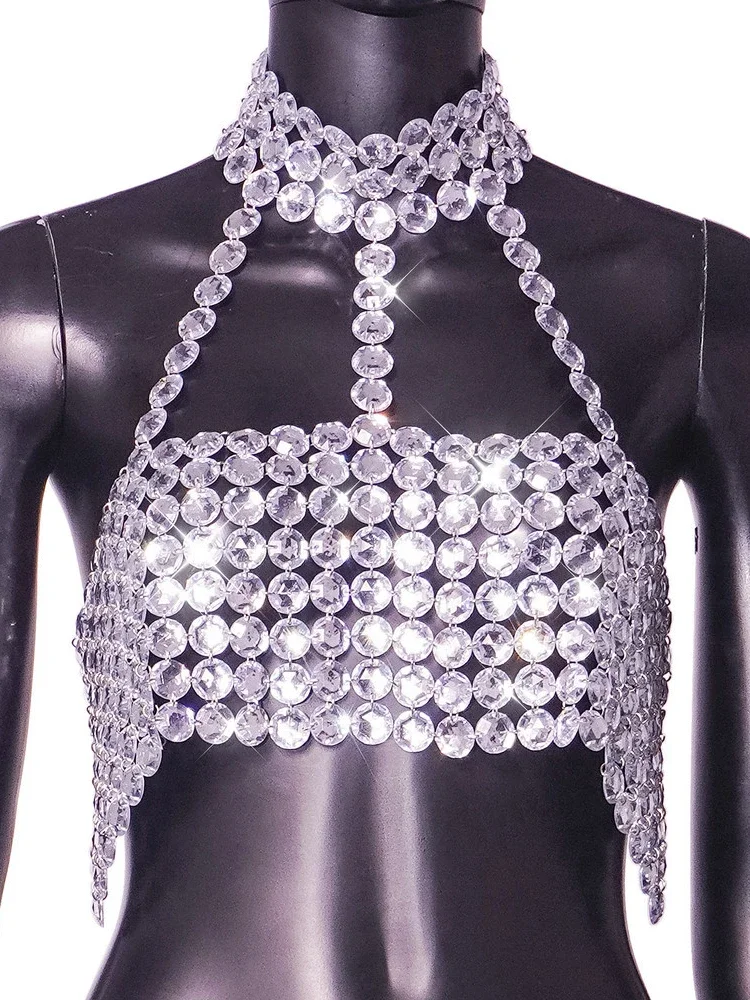 Camiseta sin mangas con cuello Halter plateado, corpiño con diamantes brillantes, Top corto con lentejuelas de Metal y espalda descubierta, chaleco para discoteca, trajes de Festival