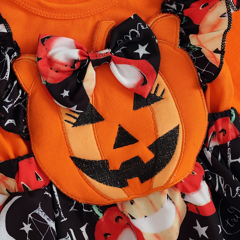 Halloween 0-2Y Newborn Girl Outfit Long Sleeve Crew Neck Pumpkin Letters Print Patchwork Romper Dress with Headband