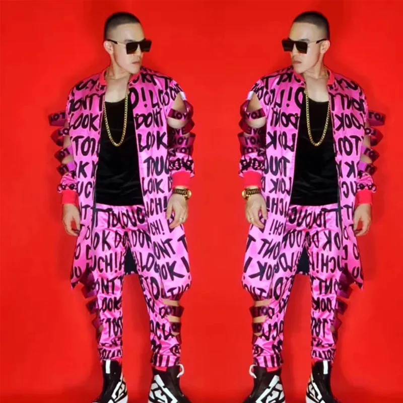 

2 Pieces Male Singer DJ DS Hip Hop Clothing Graffiti Hollow Out Letter Jacket Pants Jazz Gogo Costume Stage Rave Outfit XS2436