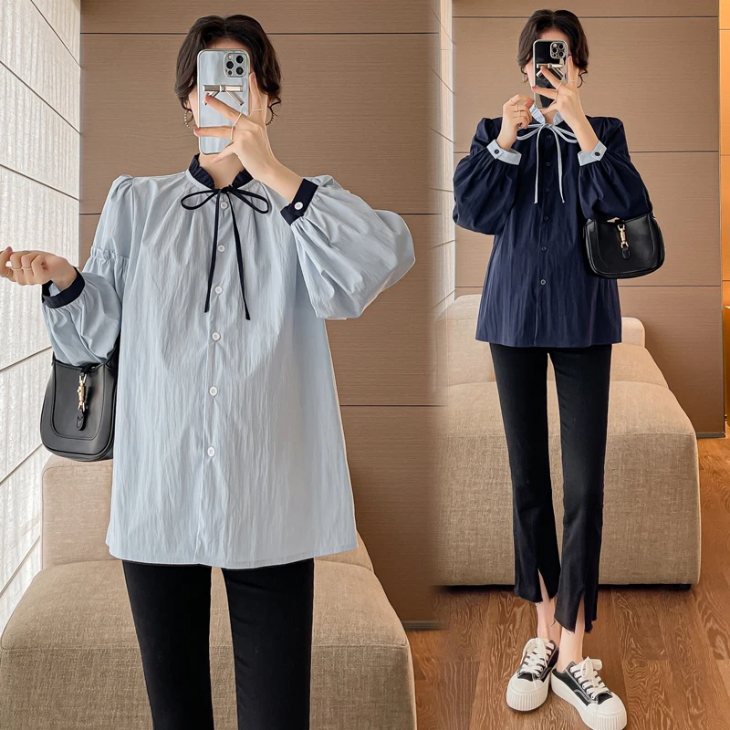 

Woman Elegant Blouses Sweet Pregnancy Clothes Maternity Cotton Shirts Korean Style Long Sleeve Stand Collar Button Fly Pregnant