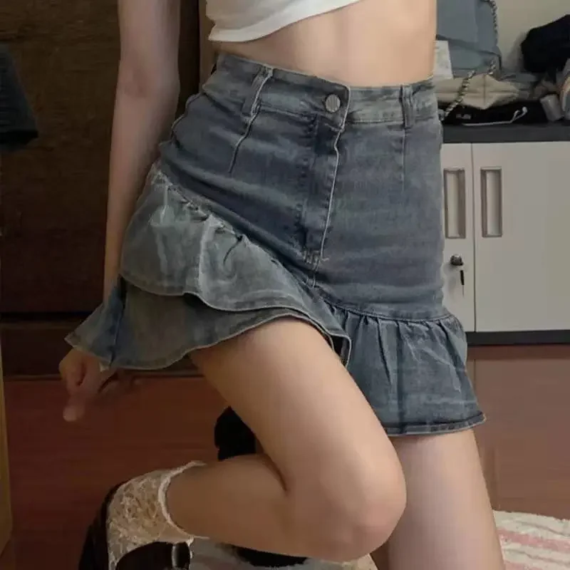 Mini Blue Denim Skirts Women Asymmetrical Ruffles A-line High Waist Korean Fashion Chic Sweet Summer Prevalent Girlish Clean Fit