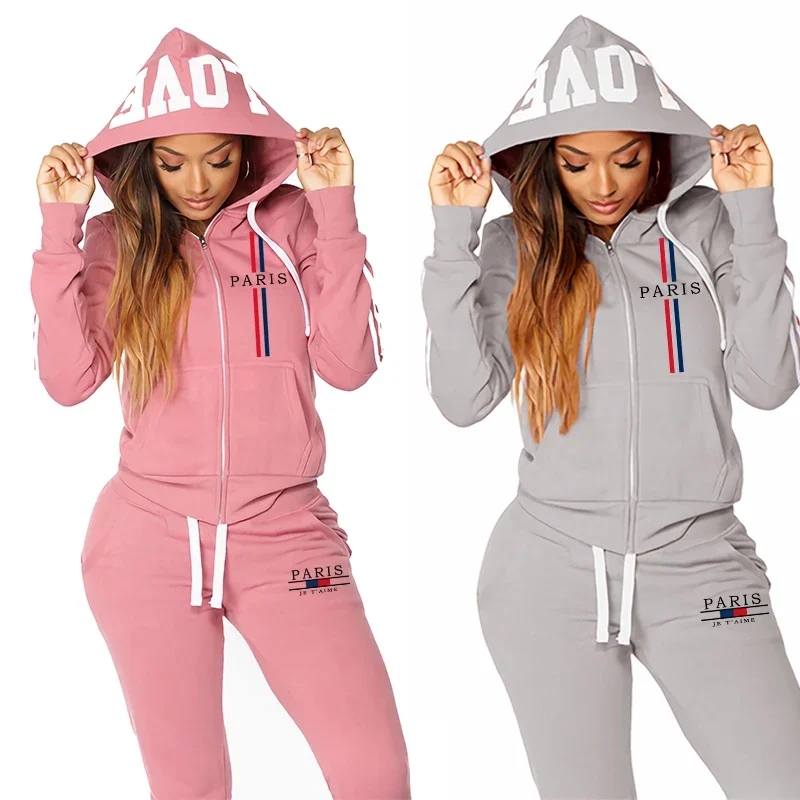 

Толстовка с капюшоном и принтом Парижа, спортивные штаны, женский спортивный костюм, комплект из 2 предметов, осенний повседневный повседневный спортивный комплект для бега, женская модная сексуальная спортивная одежда