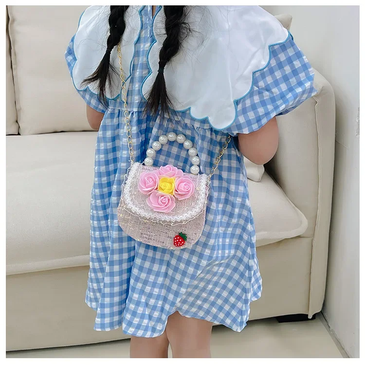 Sweet Flower Children\'s Small Shoulder Bag Fashion Pearl Handle Baby Girls Messenger Bags Lovely Princess Coin Purse Handbags