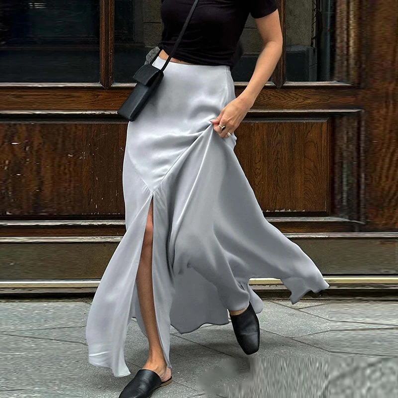 

New Solid Color High Split Wrap Hip Skirts Elegant Slim Mermaid Half Skirts Fashion Temperament Commute Satin Long Skirts Women
