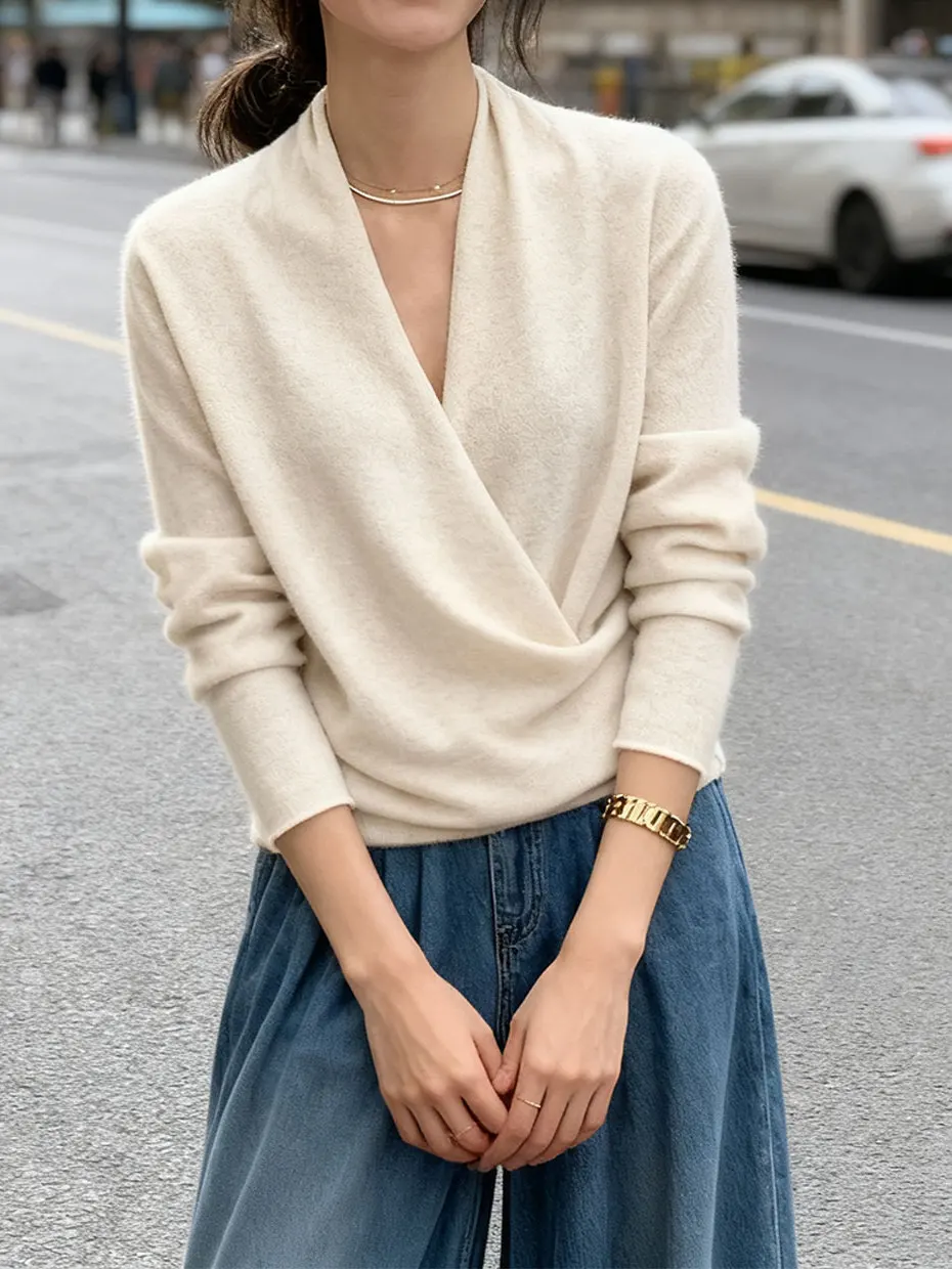 

Women's V-Neck Loose Knitted Sweater Cross Design Base Layer Shirt Inner Wear Autumn Winter Long Sleeve Commute Style Fashion