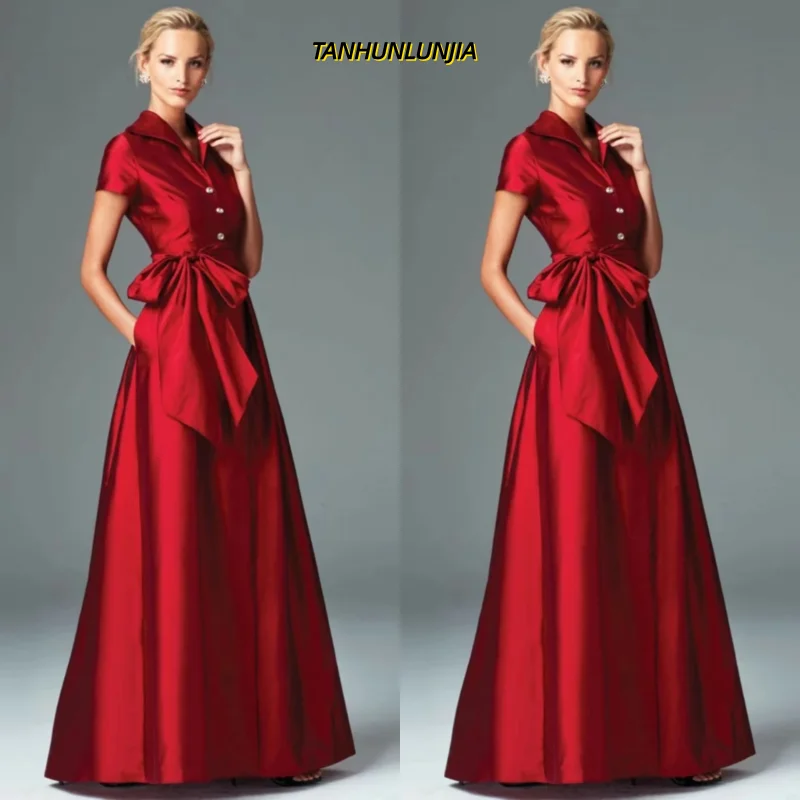 

Customized Long Red Taffeta Mother of the Bride Dresses With Pockets/Bow A-Line V-Neck Floor Length Party Dress for Wedding