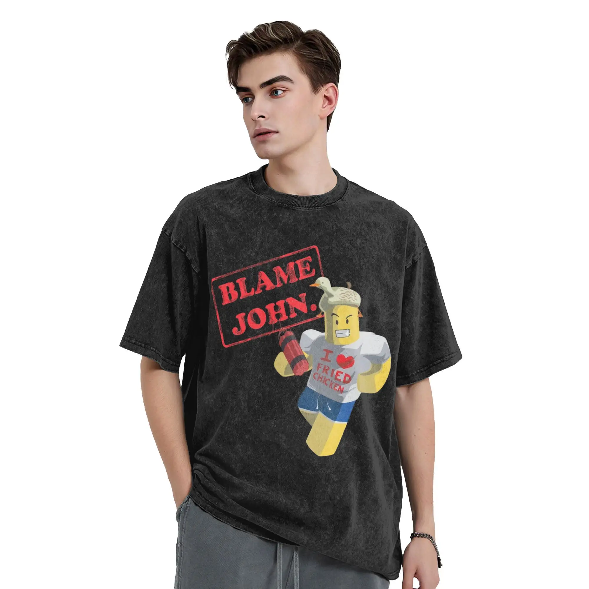 تي شيرت رجالي من Blame John Meme تي شيرت مغسول للترفيه بأكمام قصيرة ورقبة دائرية تي شيرت قطني مقاس كبير