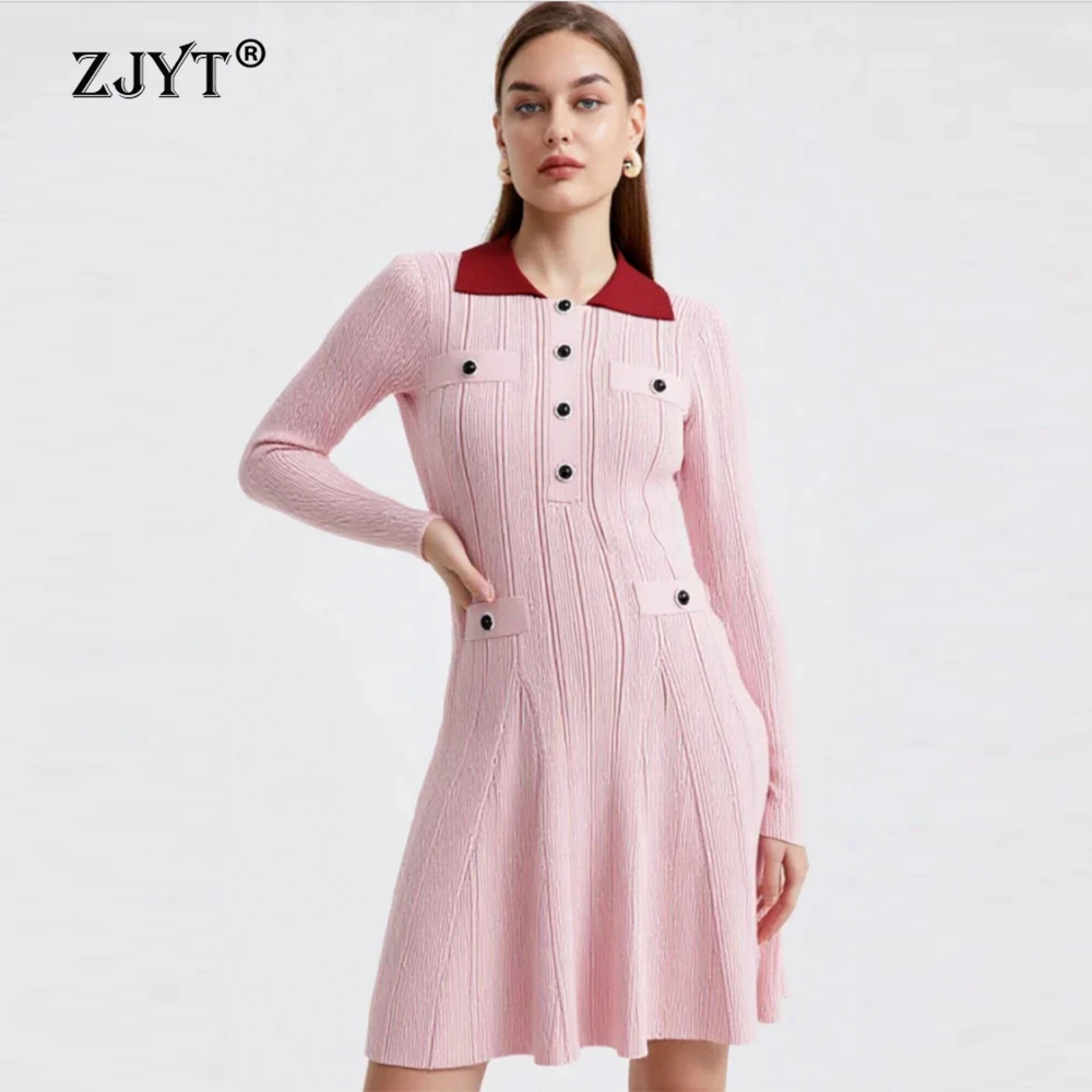 

ZJYT Весна 2026 Новое женское вязаное платье-свитер с длинным рукавом, повседневное и элегантное мини-платье для вечеринок, розовое, красное, женские платья