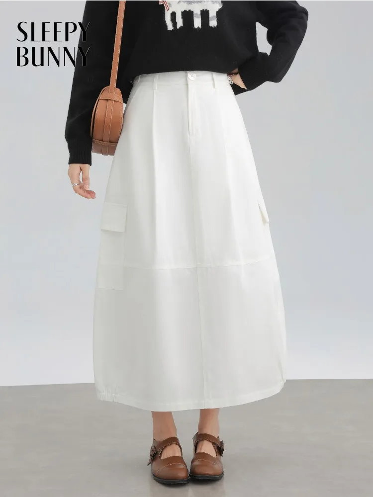 Elegant Stylish High Waist Cargo Skirt Pocket Design Lantern Hem Skirt A-Line Midi Long Skirt for Women Casual Office Outfit
