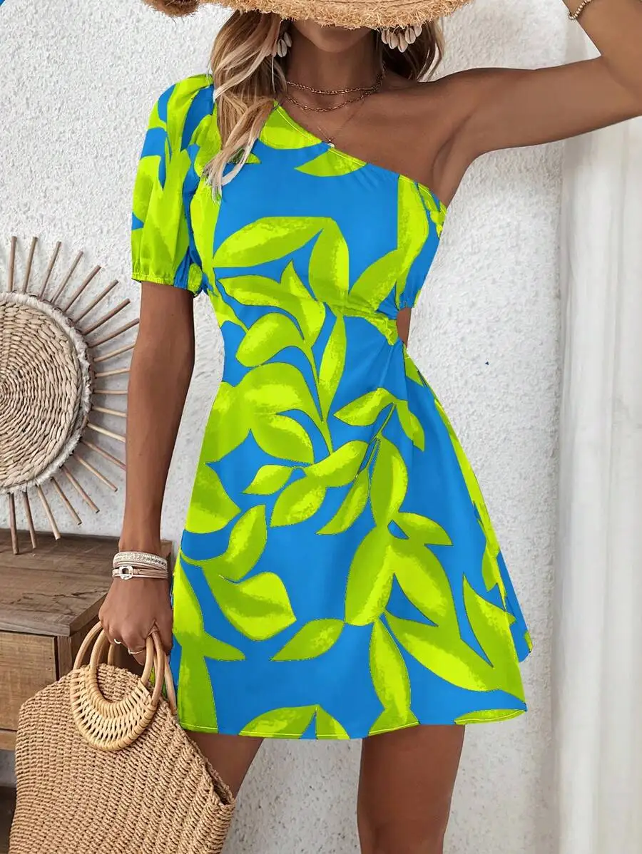 

Vibrant Blue And Lime Leaf Print One-Shoulder A-Line Dress With Short Sleeves For Beach Holiday Wear