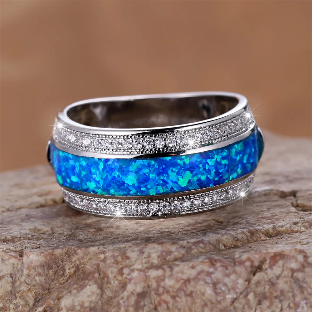 Stylish Blue Fire Opal Stone Rings For Women Classic Silver Color Wedding Band Engagement Jewelry Female Birthday Gifts