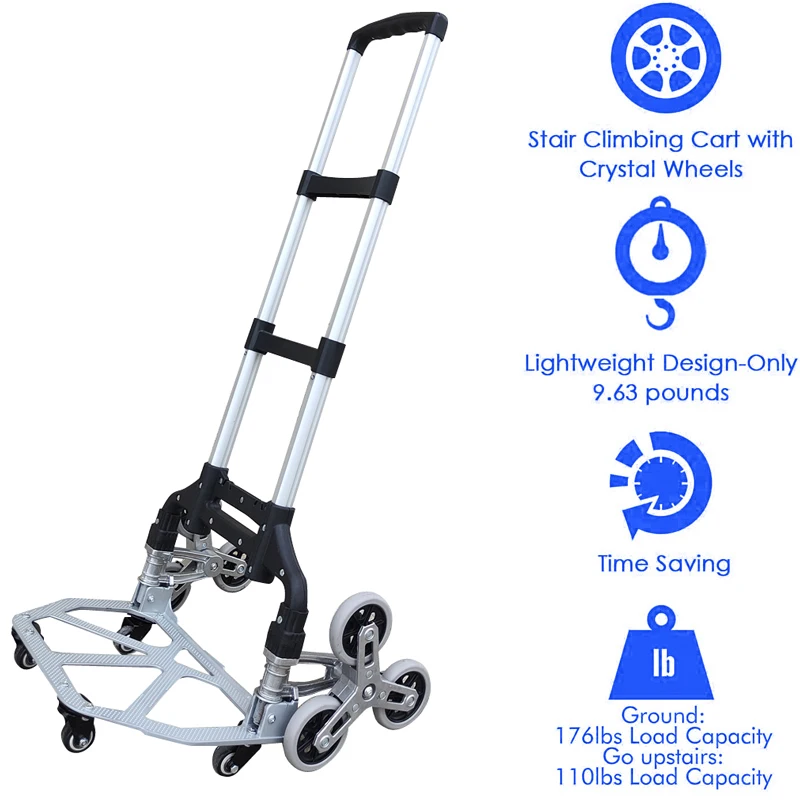 150KG All Terrain Stair Climbing Cart Hand Truck with Bungee Cord Folding Trolley for Upstairs Cargo with Bag 6 Crystal Wheels