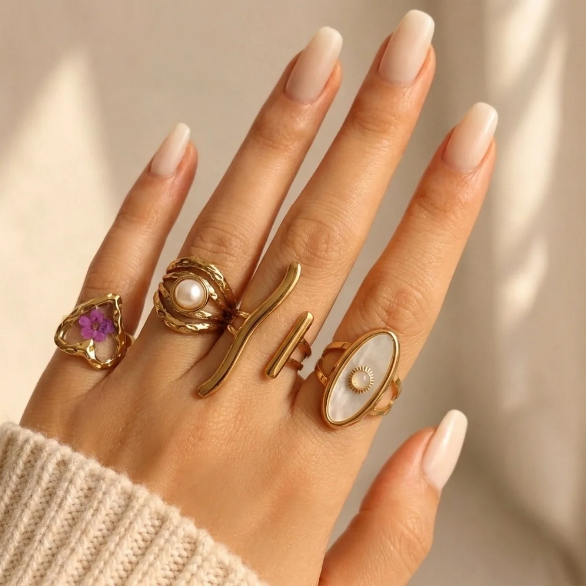Ästhetische, natürliche Kieselsteine, spiralförmige, imitierte Perlen, strukturierte, gewellte Ringe für Damen und Herren, Edelstahl, geometrischer Ring, Schmuck. – Detail 15