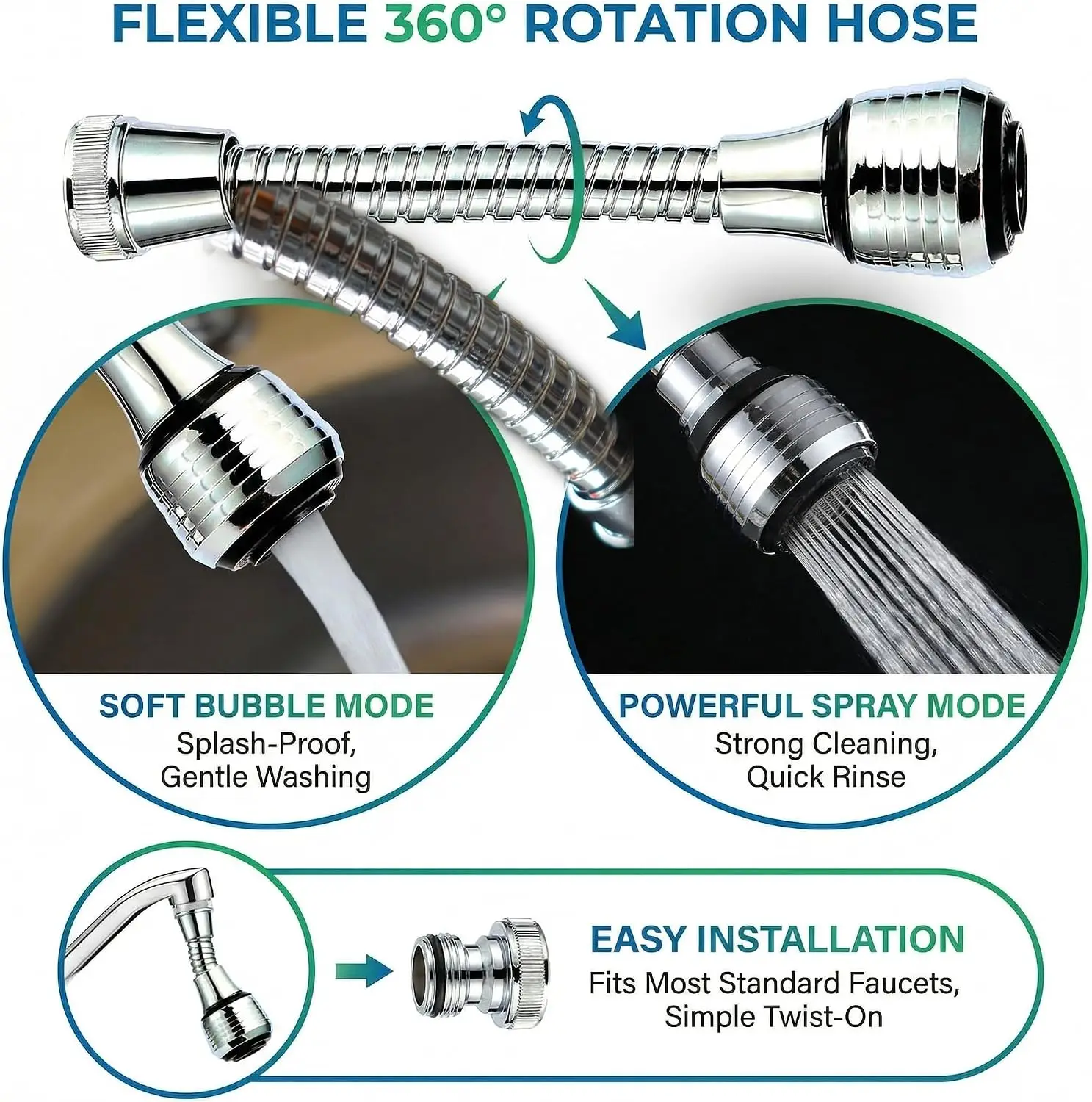 Faucet Sprayer Attachment with Flexible Tap Extension and 360 Degree Aerator for Kitchen Sink Hot Cold Water view 3