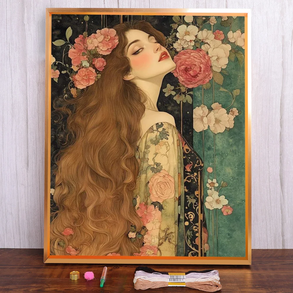 

Portrait Girl Flower Printed Canvas Cross Stitch Embroidery Patterns Handiwork Sewing Handicraft Knitting Sales Needle Design