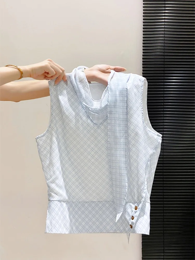 

Korean Style Sleeveless Shirt Women's Slim Fit Checkered Collar Bow Tie Color Block Waist Cinching Summer Top Youthful Feeling