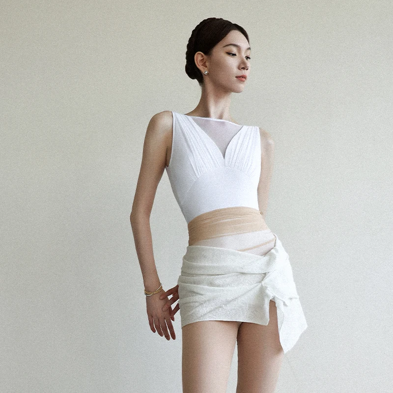 

Женский балетный танцевальный костюм для взрослых по индивидуальному заказу, тренировочный костюм для йоги, боди с высоким крестом, плиссированный комбинезон на шнуровке с открытой спиной, пачка