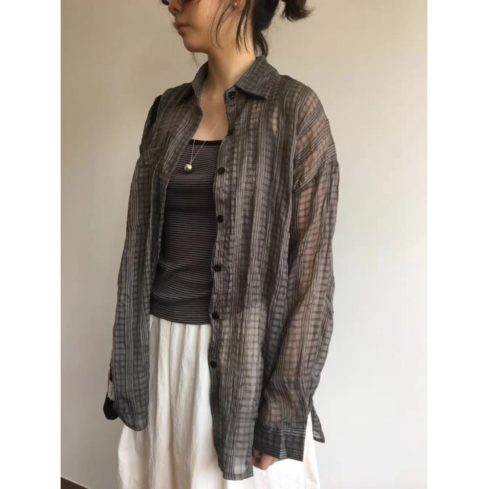 Lightweight Loose Plaid Shirt Women's Summer Season Long Sleeve Transparent Gauze Feel Striped Pattern Versatile Style Chines...