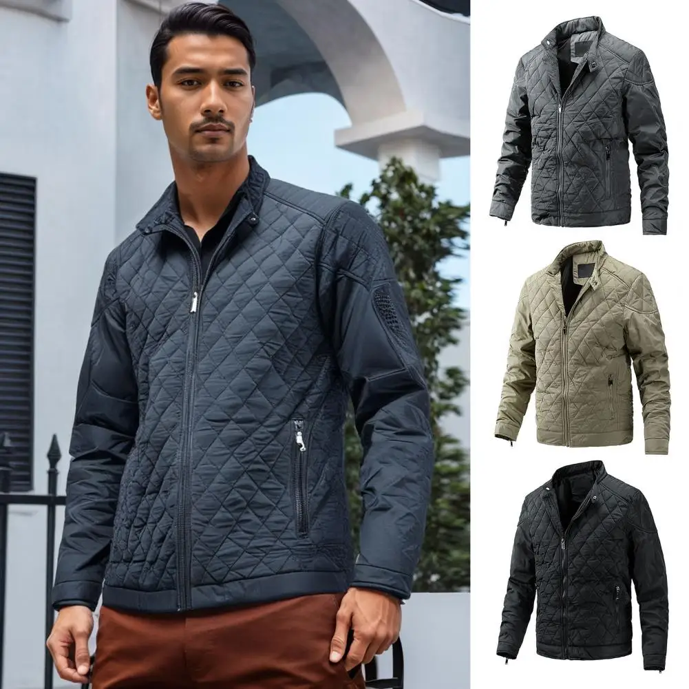 Zipper Opening Coat Men's Quilted Stand Collar Cotton Coat with Zipper Pockets Windproof Outwear Jacket for Winter Warmth Style