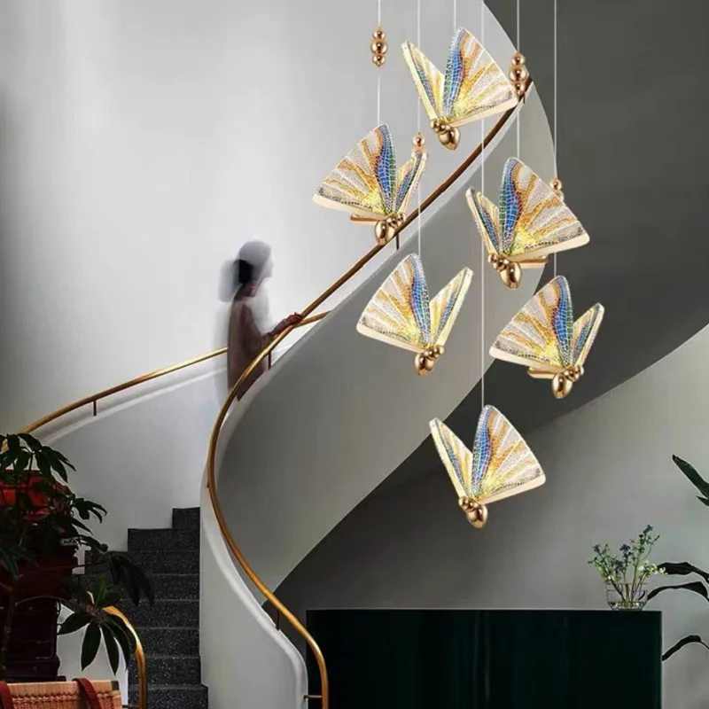 

Colorful Butterfly Chandelier Modern Restaurant Stair Bedside Pendant Lamp Nordic Minimalist Duplex Staircase Decorative Light