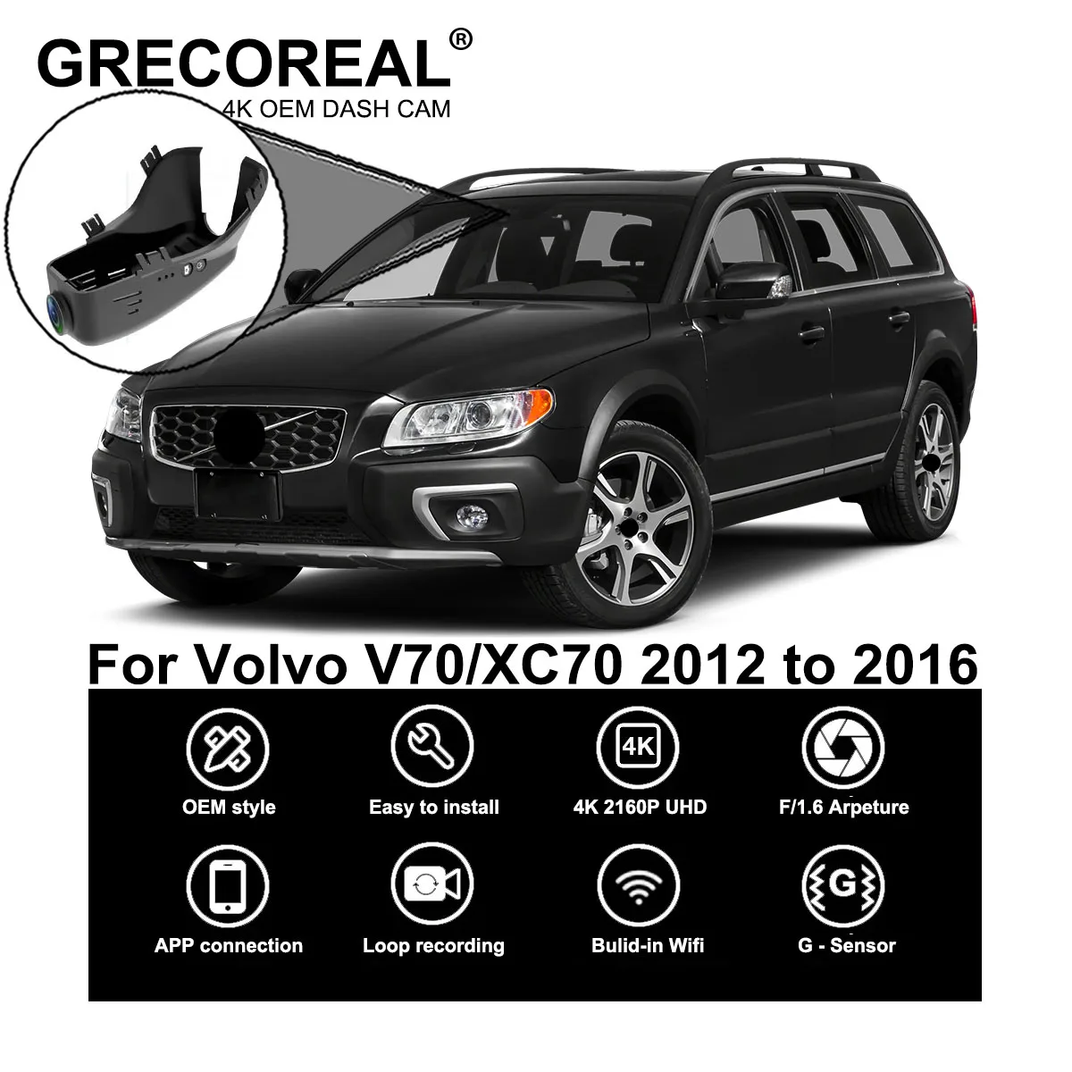 

GRECOREAL 4K Dash Cam Front and Rear 2160P WiFi Dual Dashcam APP Control Easy Install Plug Play Compatible with Volvo XC70 V70