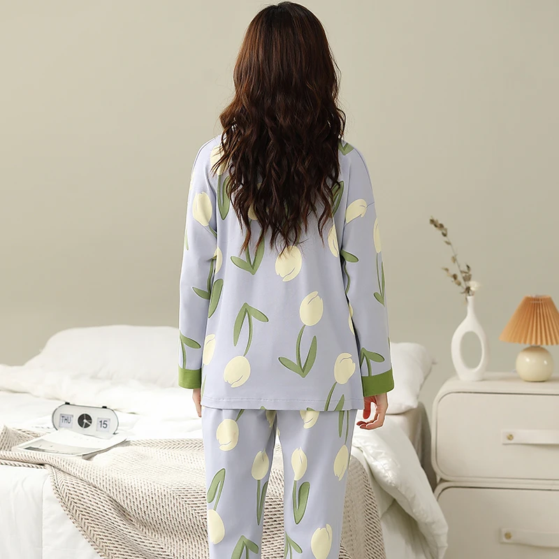 Blauwe Pyjama Set Witte Tulp Zoete Lange Mouwen Lange Broek Herfst Winter Schattige Nachtkleding Gezellig Pyjama Zachte Pijama Dame Pjs Meisjes