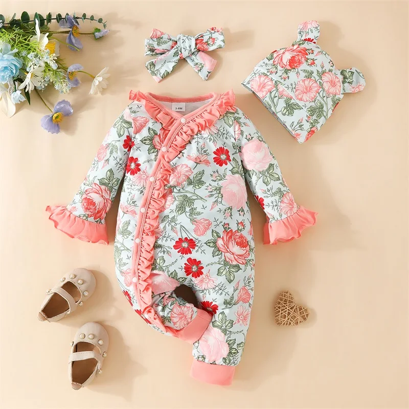 Newborn Infant Baby Girl Footed Jumpsuit Ruffle Footies Cotton Romper with Headband