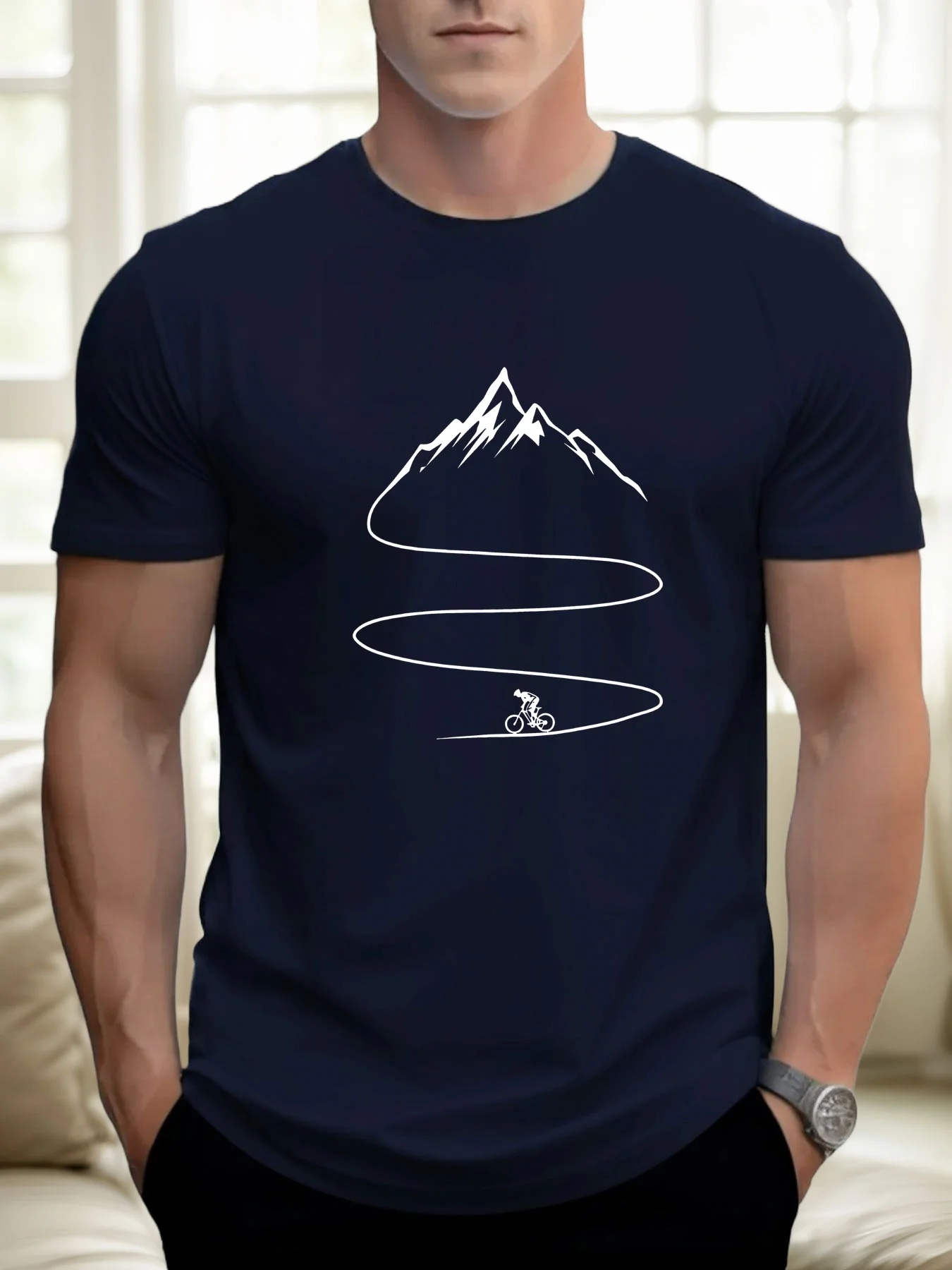 Men's Summer 100% Cotton Fashion Bicycle Mountaineering Pattern Printed Casual Loose Sports Round Neck Short Sleeve T-shirt Top