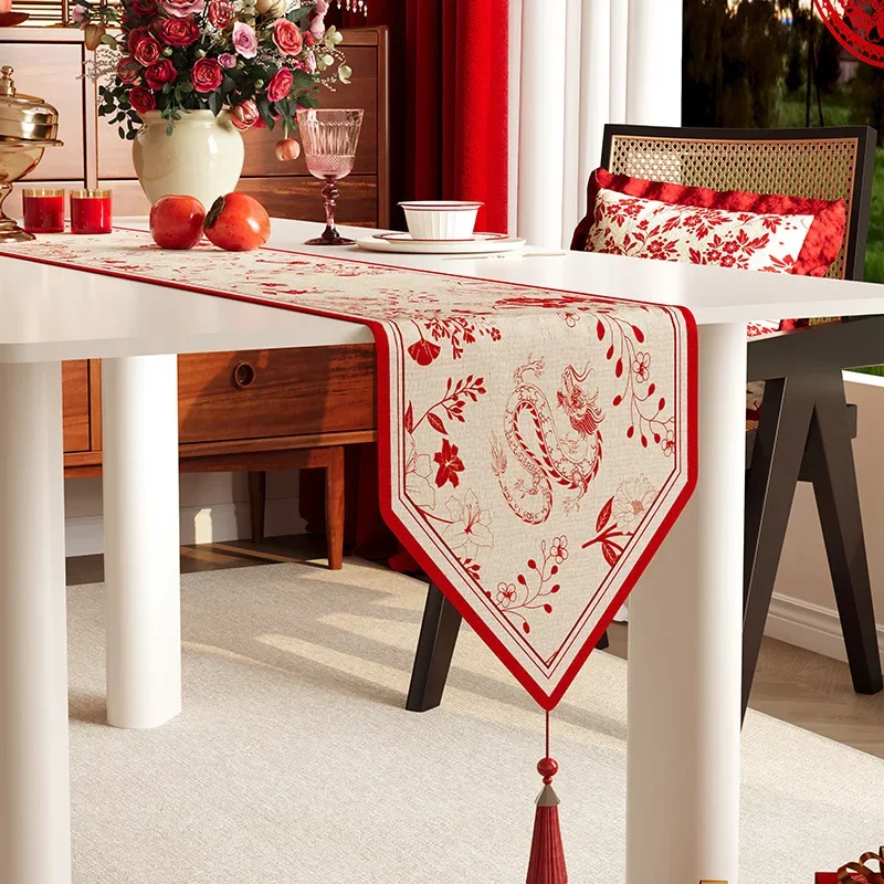 Classical Chinese Style Table Runner Red Embroidery Table Flag Decoration for Wedding Party with Tassels Long Strip Table Flag