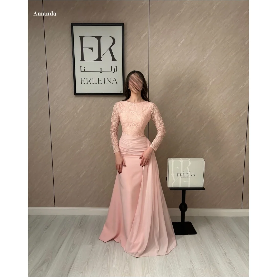 

Amanda Customized Blush Pink Boat Neck Prom Dress Lace Long Sleeve Satin Chiffon Mermaid Gown with Draped Detail Formal Evening