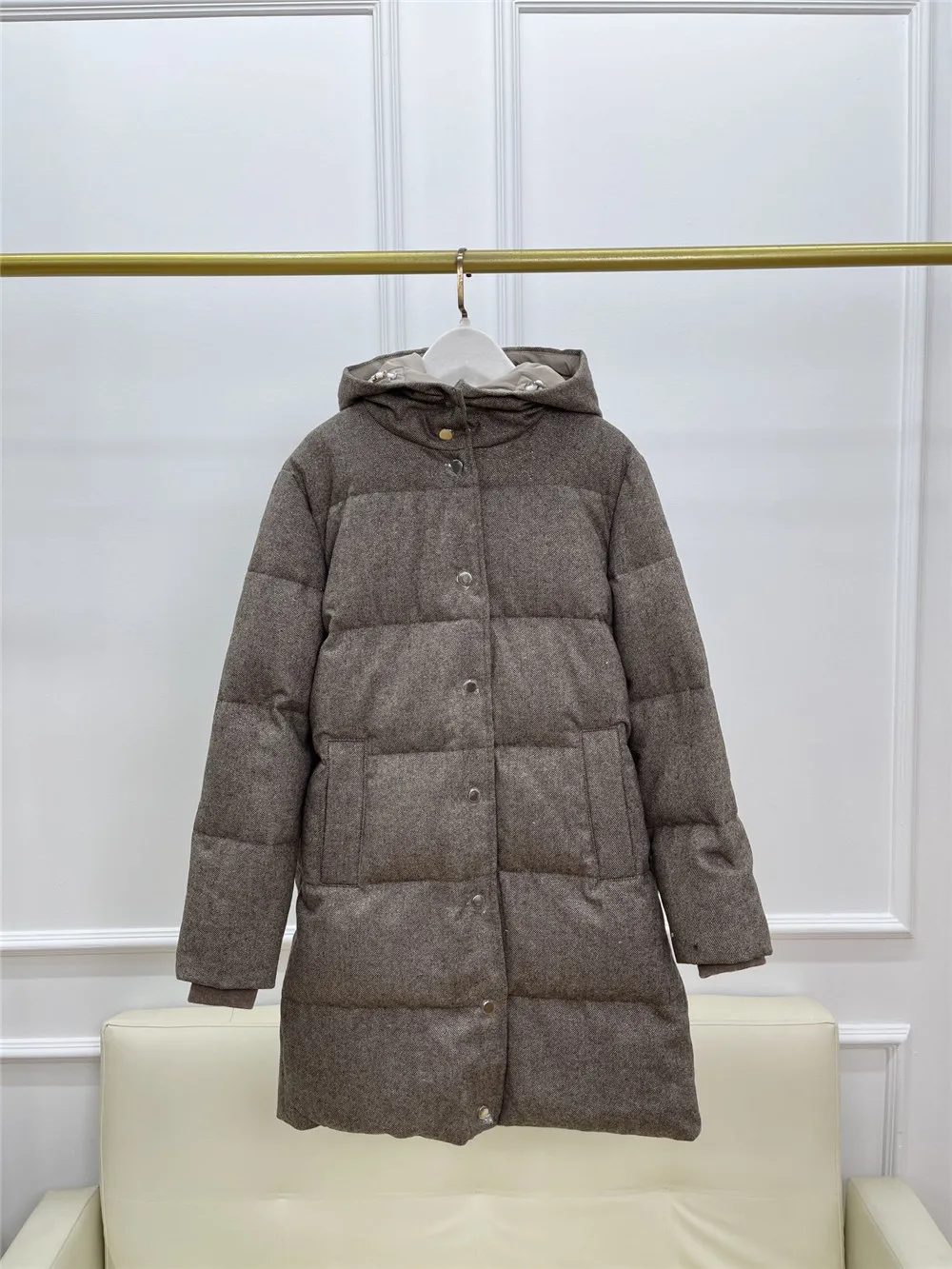 2024 Women's Fake Two-Piece Hooded Wool Cashmere Goose Down Jacket Winter Thick Warm Mid-Length Bread Coat