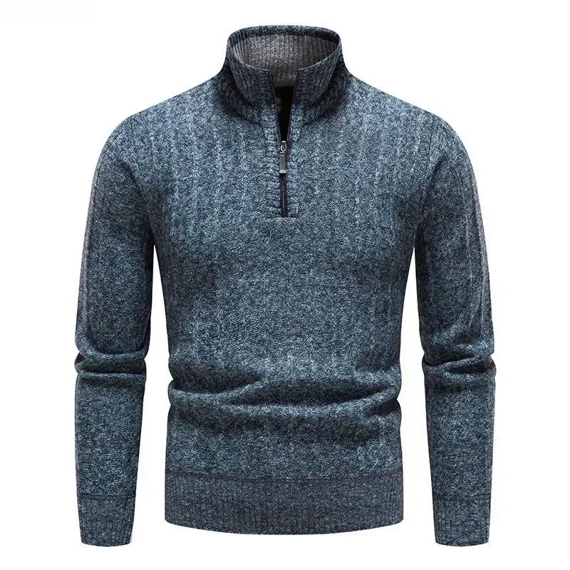 New  Men's Warm Swearters Fashion Half Zip Knitwear Pullovers Winter Thicker Fleece Solid Thermal Knitted Sweaters for Men
