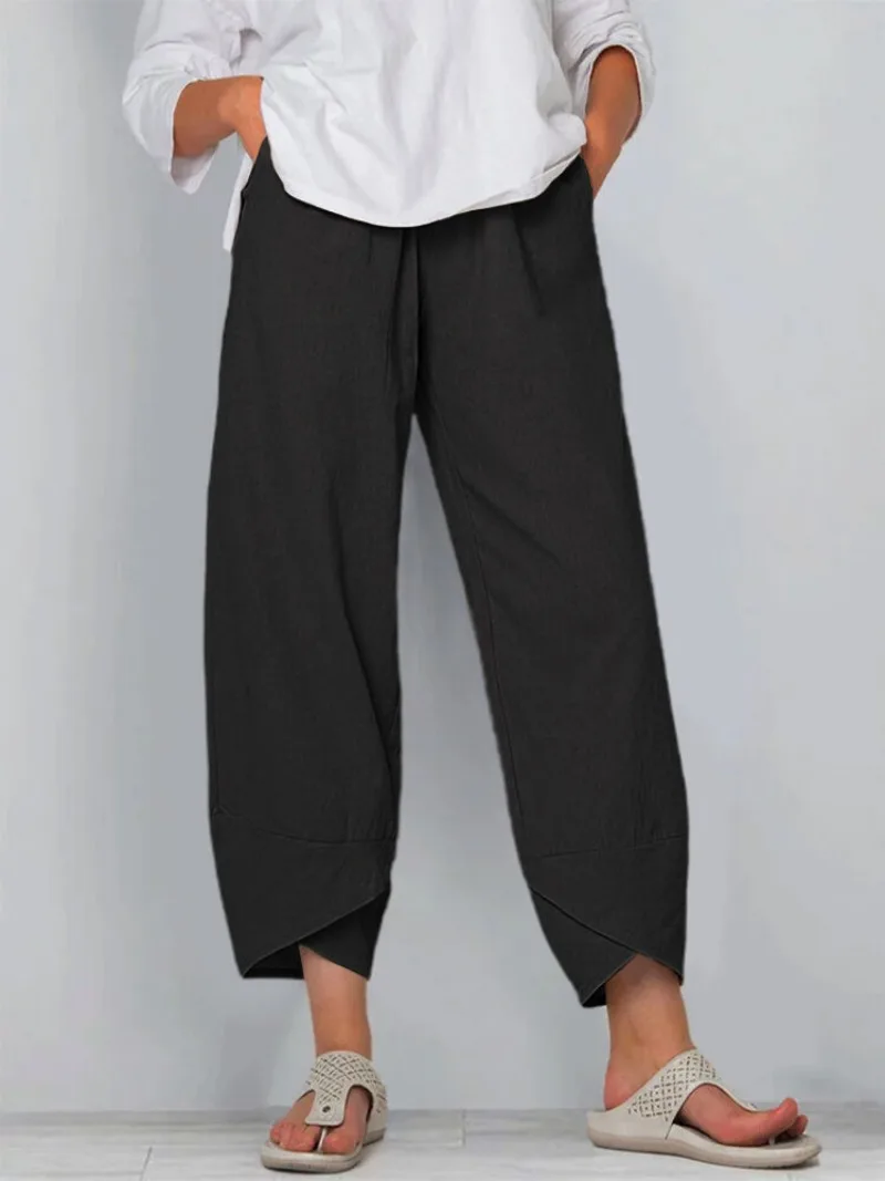 

Plus Size Women's Elegant Solid Color Commuter Pants All Season Casual Versatile Lace Hem Detail Trousers